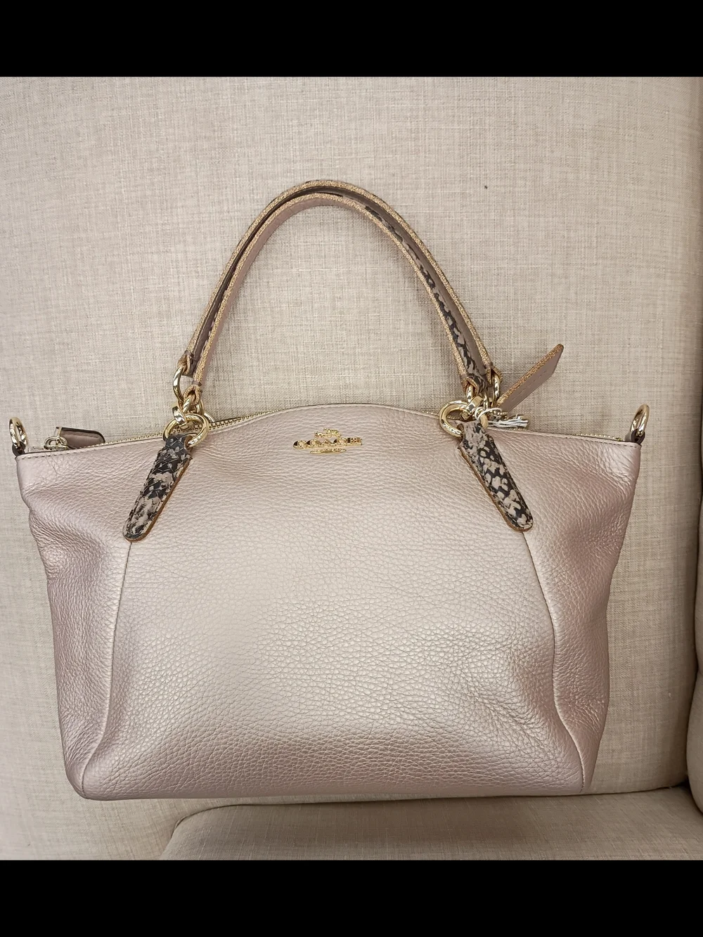 Coach Metallic Pink Leather Tote with Snake-Print Accents